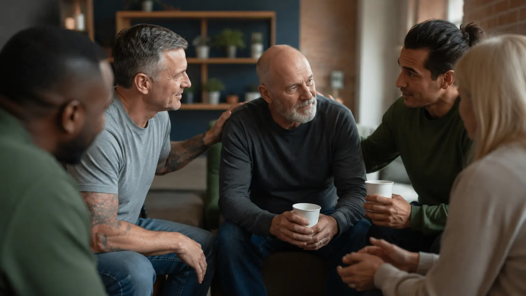 Veterans gathered around a table sharing coffee